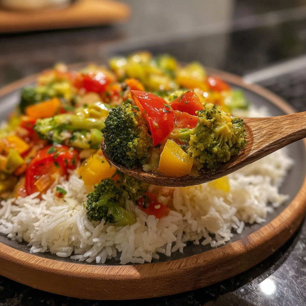 Abendessen mit Gemüsepfanne und Reis